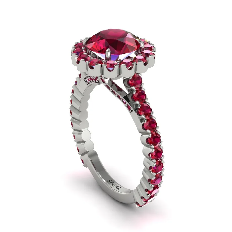 Ladies engagement rings with midnight diamonds -Round Cut Ruby Timeless Splendor Engagement Ring - Jazlyn No. 57