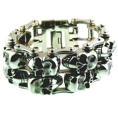 ladies-everyday-silver-bracelets-Stainless Steel Double Skulls Alternating Bike Chain Bracelet / WCB1006