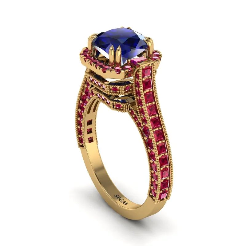 Ladies engagement rings tribal romance -Sapphire Three Halo Milgrain Engagement Ring - Mira No. 58