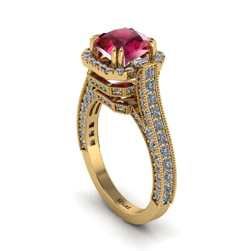 Ladies engagement rings with peach diamonds -Ruby Three Halo Milgrain Engagement Ring - Mira No. 10