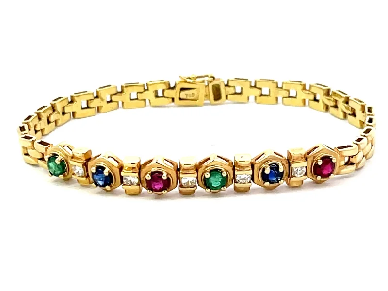 ladies-minimalist-rose-gold-bracelets-Emerald Sapphire Ruby and Diamond Bracelet in 18k Yellow Gold