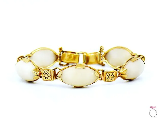 ladies-everyday-pearl-bracelets-Ming's Hawaii White Jade & Hawaiian Quilt Design 14K Yellow Gold Bracelet