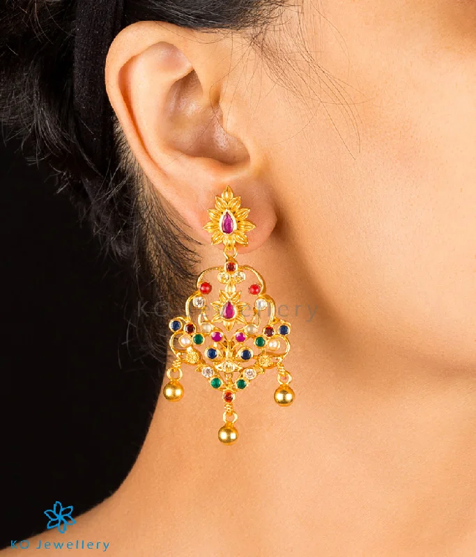 Ladies earrings sleek hoops -The Kadambari Silver Navaratna Earrings