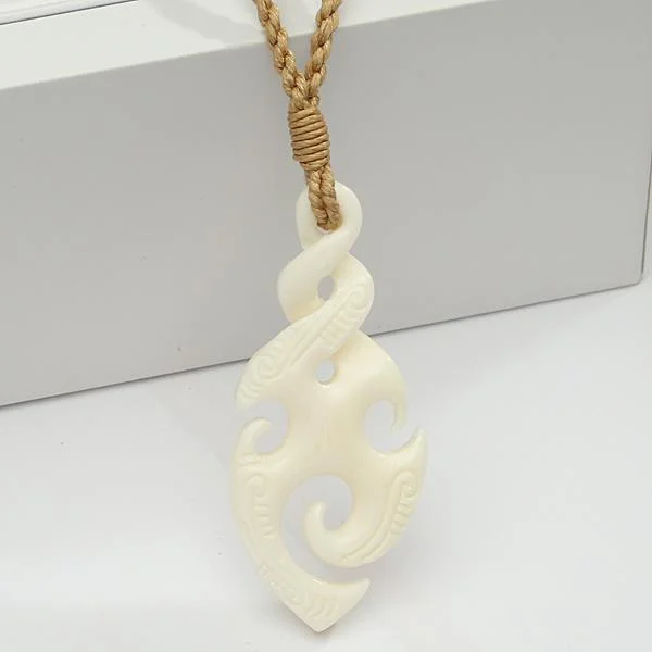 ladies-flower-charm-necklaces-Buffalo Bone Spiral Twist Pendant Necklace w/Carving 20x47mm