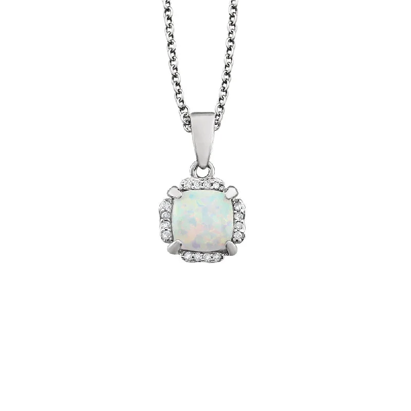 ladies-handmade-diamond-necklaces-Cushion Created White Opal & Diamond 14k White Gold Necklace, 18 Inch