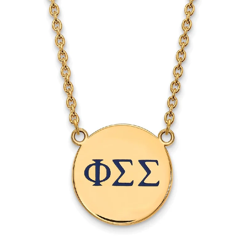 ladies-ethnic-gold-necklaces-14K Plated Silver Phi Sigma Sigma Large Blue Enamel Greek Necklace