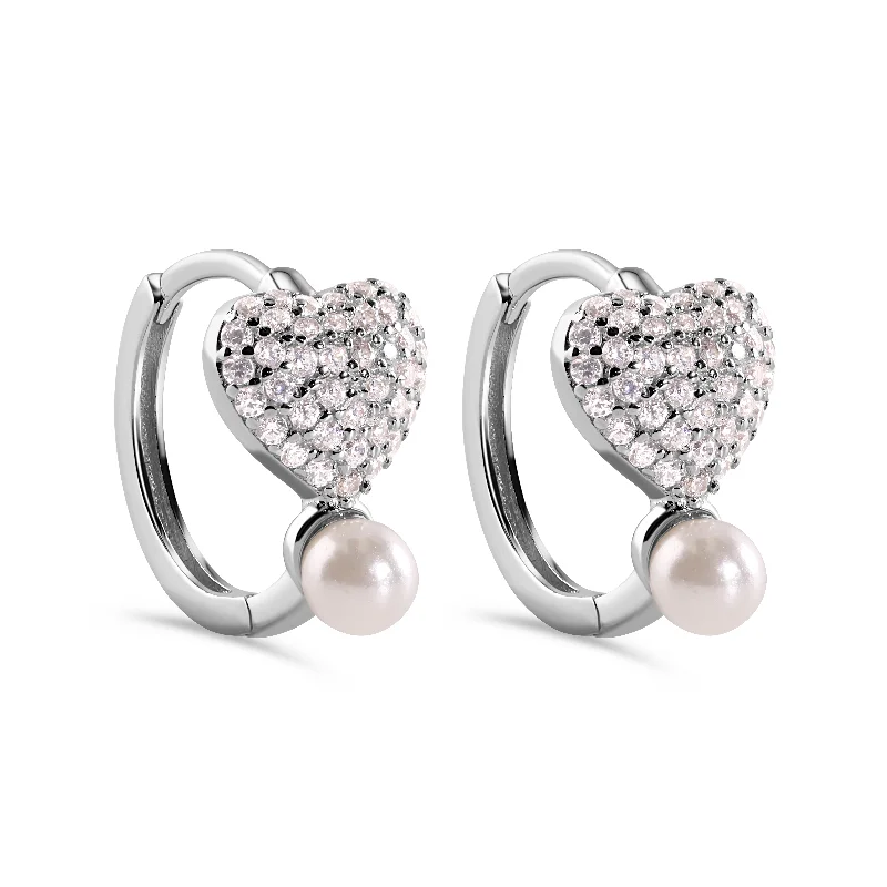 Ladies earrings unique studs -Rhodium Plated 925 Sterling Silver Heart Clear CZ Studded Syntethic Pearl Hoop Earring - STE01380