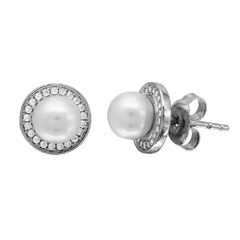 Ladies earrings for innovators -Rhodium Plated 925 Sterling Silver Halo CZ Stud Earrings with Fresh Water Center Pearl - GME00101