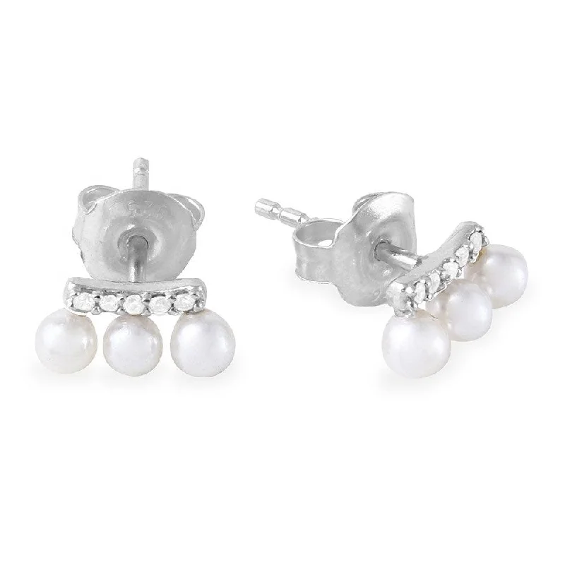 Ladies earrings classic studs -Rhodium Plated 925 Sterling Silver Trio Fresh Water Pearl with CZ Earring - GME00036RH