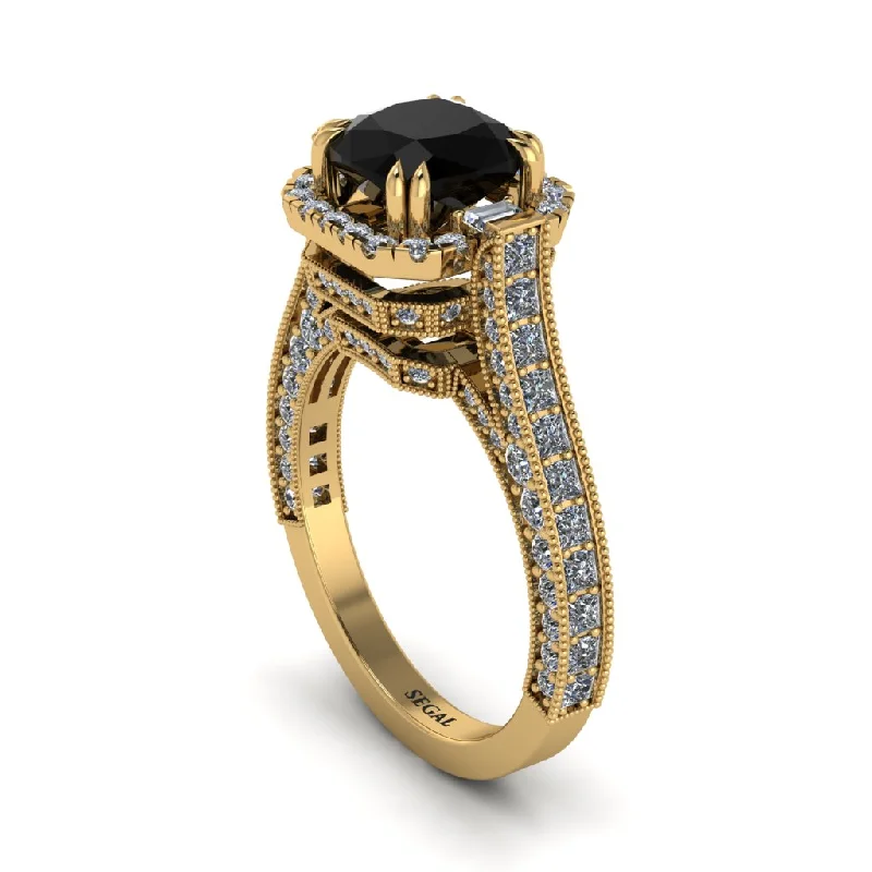 Ladies engagement rings artsy brilliance -Black Diamond Three Halo Milgrain Engagement Ring - Mira No. 7