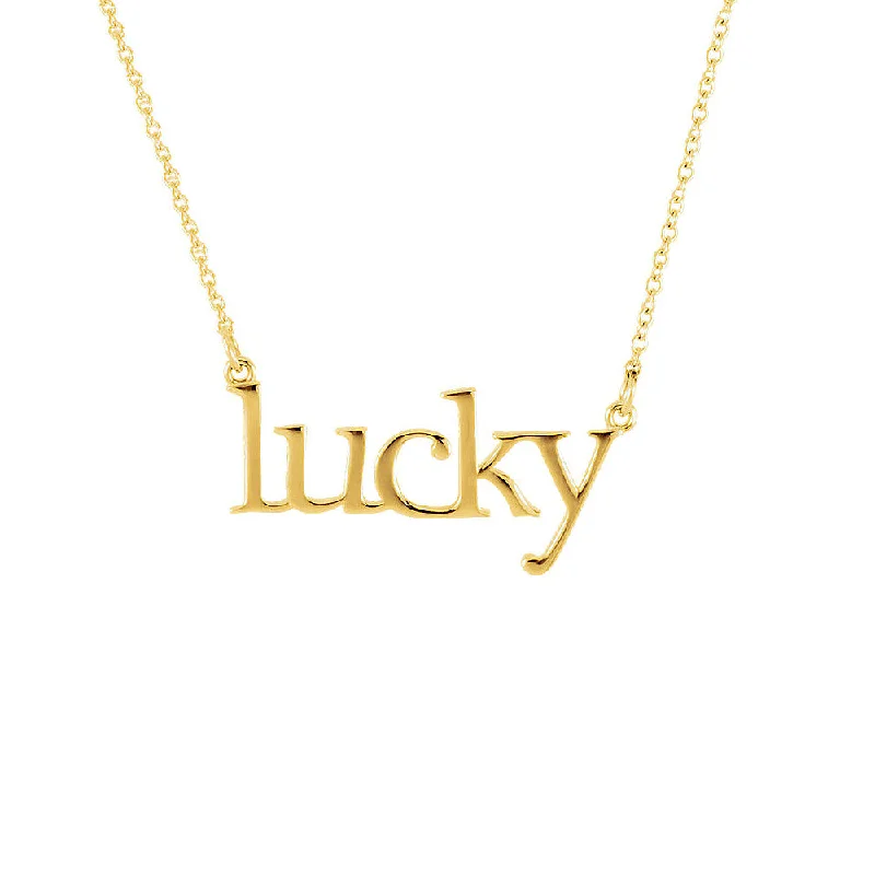 ladies-bohemian-gold-necklaces-Lucky Script Necklace in 14k Yellow Gold, 16.25 Inch