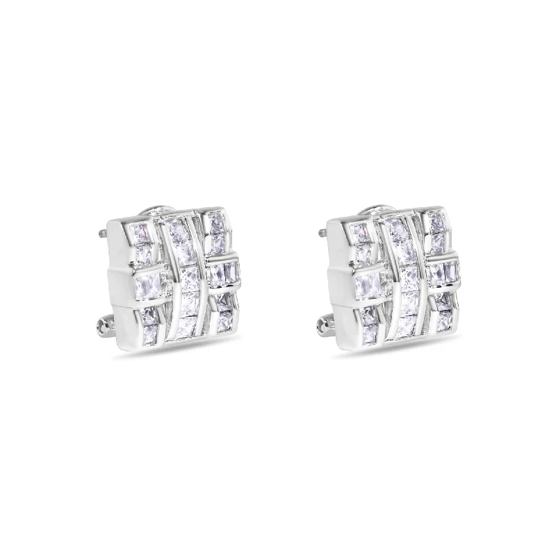 Ladies earrings with pup drops -Final Price-Rhodium Plated 925 Sterling Silver Square Cross Design Clear CZ Leverback Earrings - STEM094