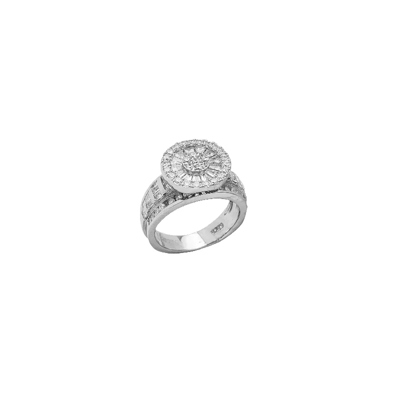 Ladies engagement rings with hare stones -Iced-Out Round & Baguette Engagement Ring (Silver)