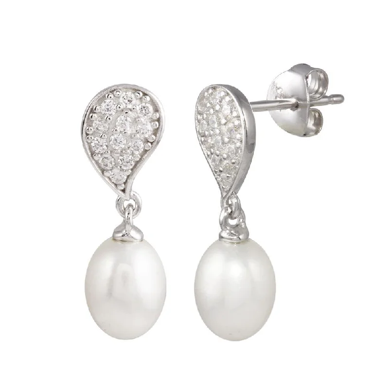 Ladies earrings velvet shine -Rhodium Plated 925 Sterling Silver CZ Encrusted Teardrop Dangling Pearl Earring - BGE00629