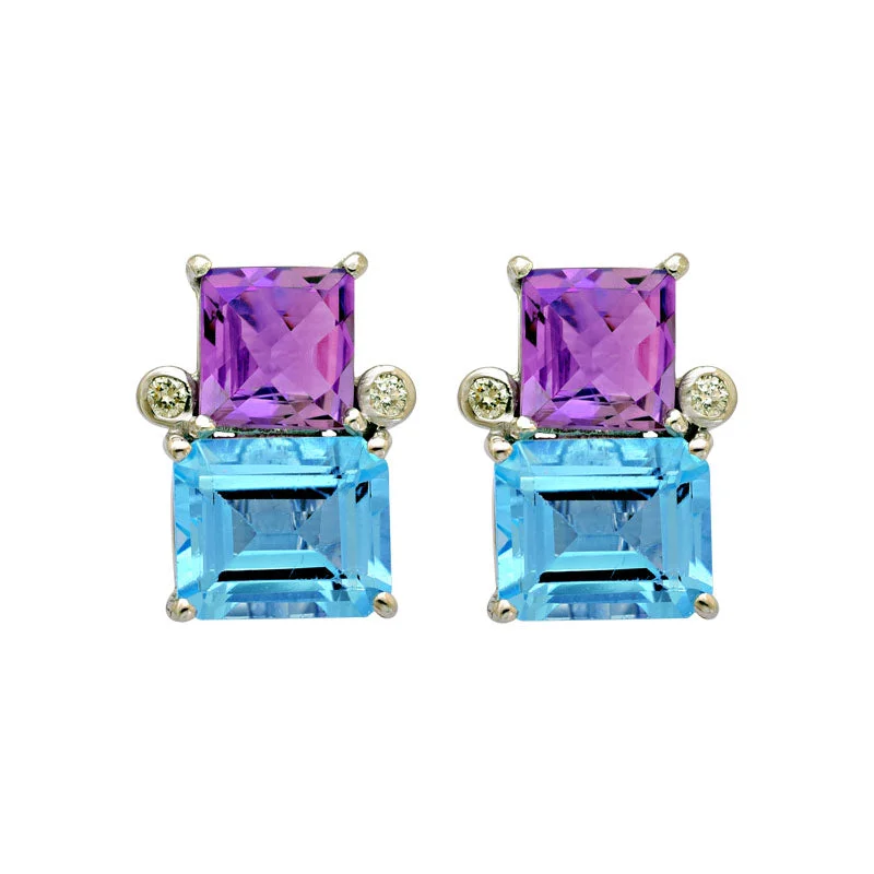 Ladies earrings for trendsetters -Earrings-Blue Topaz, Amethyst and Diamond