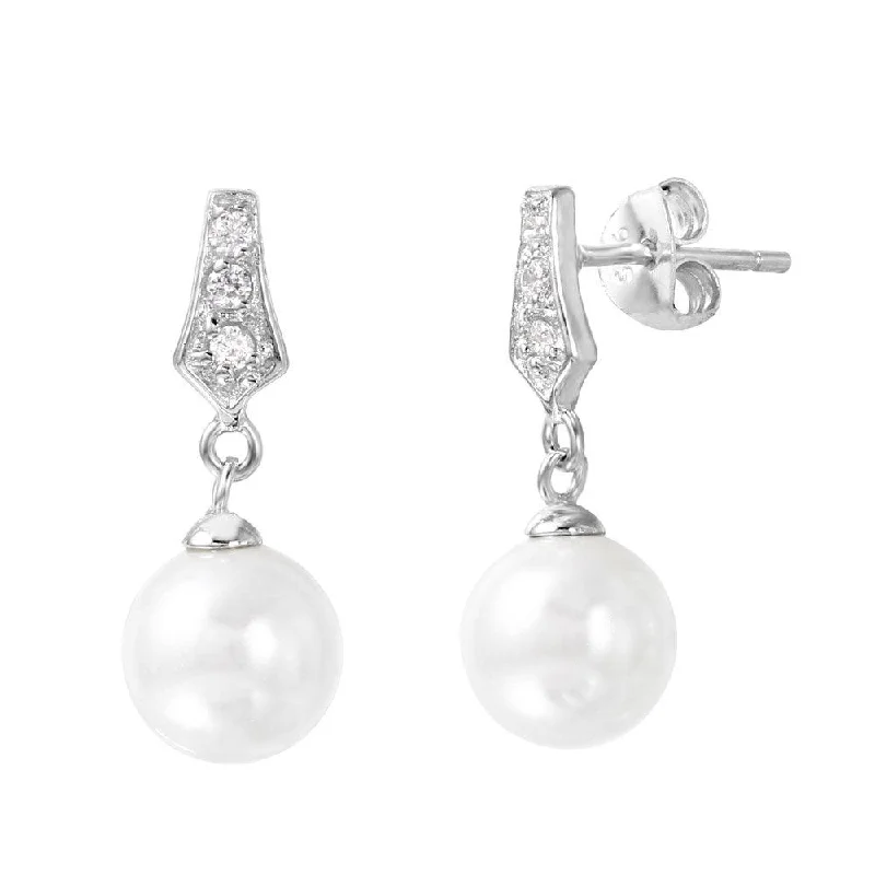 Ladies earrings refined elegance -Silver 925 Rhodium Plated CZ Dangling Pearl Post Earrings - BGE00420