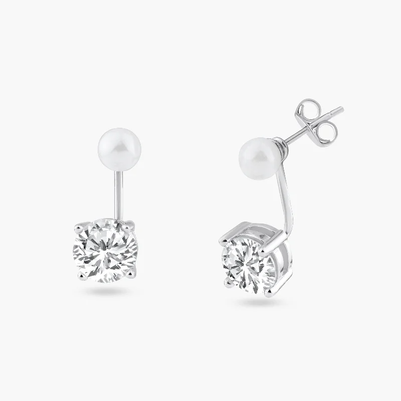 Ladies earrings forged by hand -Silver 925 Rhodium Plated Pearl Front and Back Earrings - STE00990