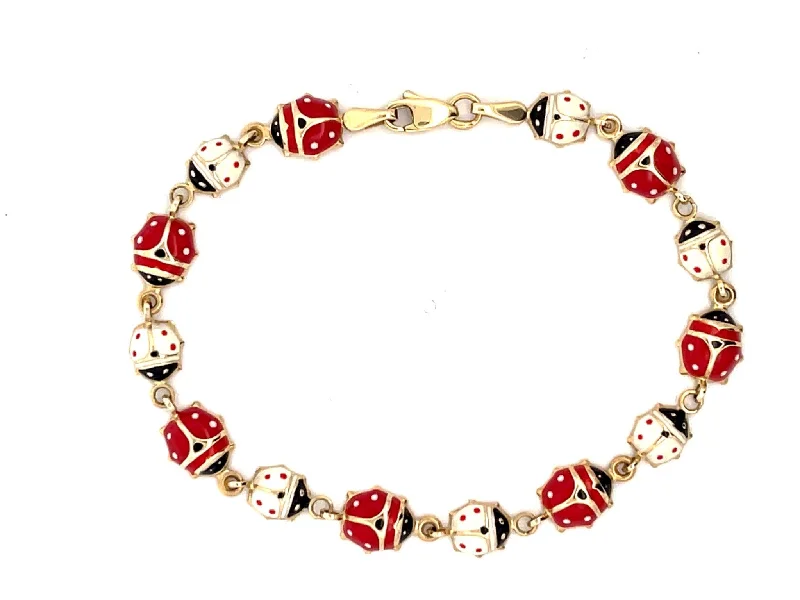 ladies-bohemian-pearl-bracelets-Red and White Enamel Ladybug Bracelet in 14k Yellow Gold