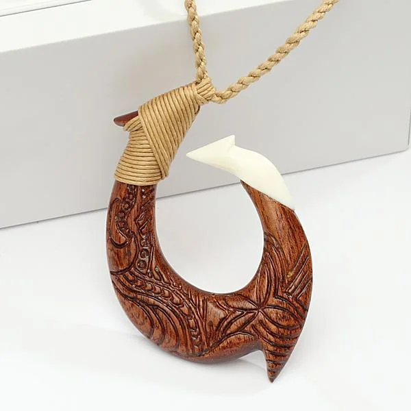 ladies-affordable-pearl-necklaces-40x60mm Koa Wood/Cow Bone Fish Hook Necklace with Carving Brown Cord