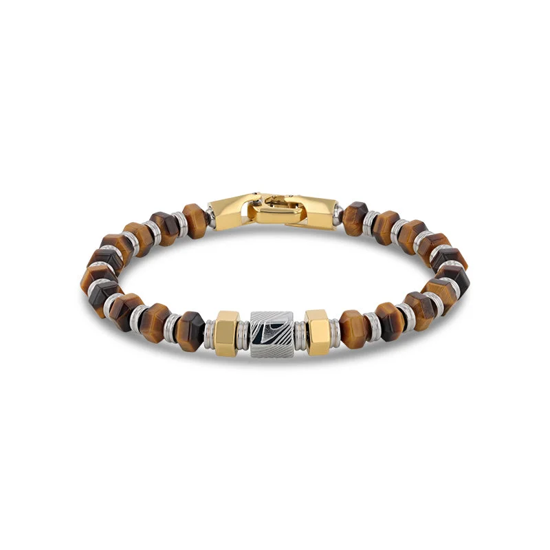 ladies-modern-silver-bracelets-Hexagonal Tiger Eye Stone and Damascus Steel Bead Bracelet With Stainless Steel