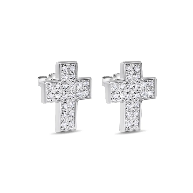 Ladies earrings natural hues -Silver 925 Rhodium Plated Cross Micro Pave Clear CZ Stud Earrings - STEM018