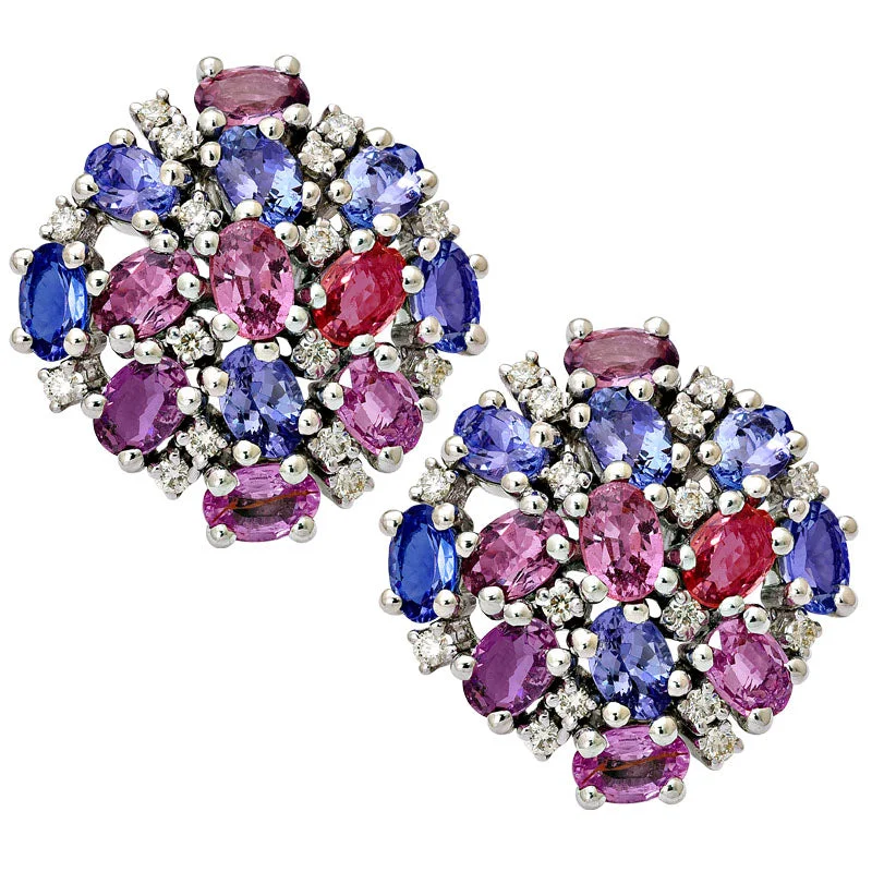 Ladies earrings rough texture -Earrings-Tanzanite, Pink Sapphire and Diamond