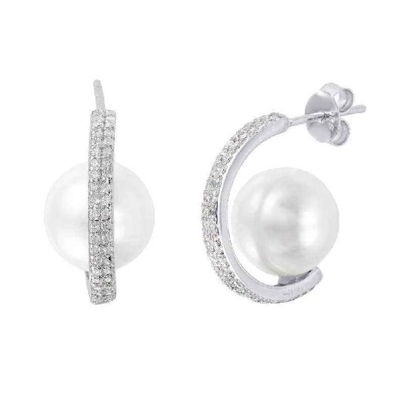 Ladies earrings with stag drops -Silver 925 Rhodium Plated C-Curved Pearl CZ Stud Earrings - STE01005