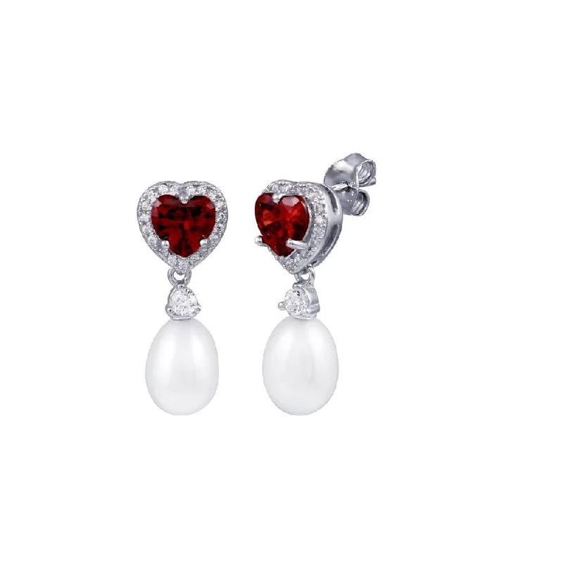 Ladies earrings satin glow -Rhodium Plated 925 Sterling Silver Heart Garnet, Clear CZ and Pearl Dangling Stud Earring - BGE00718