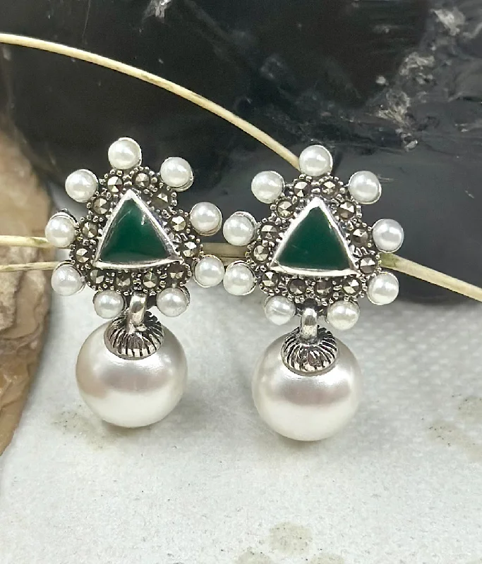 Ladies earrings with olive moss agate -The Silver Pearl & Marcasite Earrings (Green)