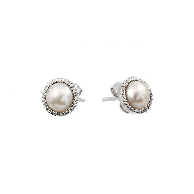 Ladies earrings bright colors -Silver 925 Rhodium Plated Round CZ Inlay Center Fresh Water Pearl Stud Earrings - BGE00404