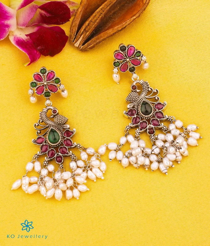 Ladies earrings artsy drops -The Rachana Silver Pearl Earrings (Oxidised)