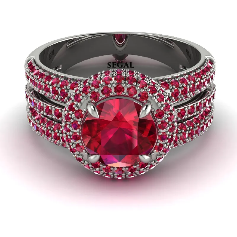 Ladies engagement rings with burst accents -Ruby Halo Luxury Pave Engagement Ring - Sierra No. 57