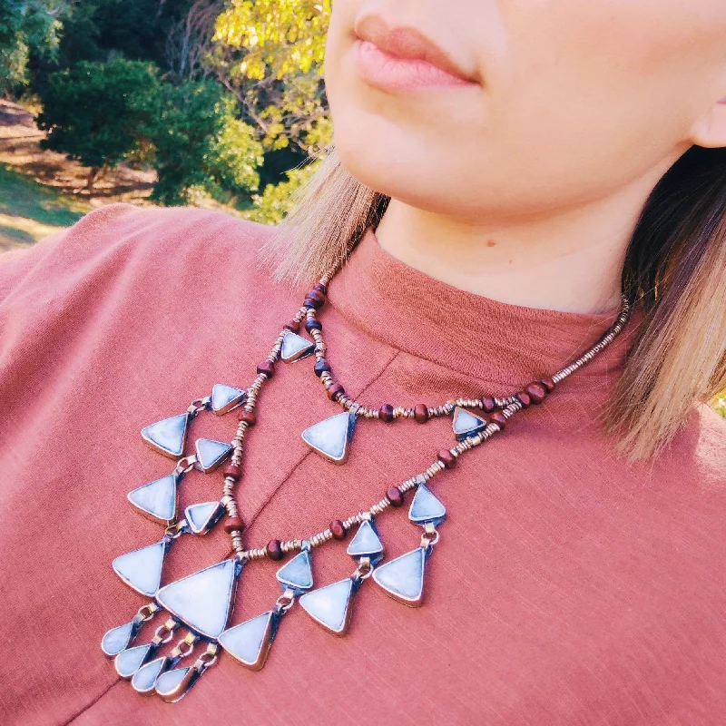 ladies-modern-pearl-necklaces-Tribal Triangle Shaped Grey Stone boho necklace