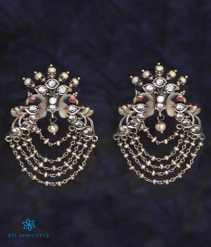 Ladies earrings for adventures -The Drishya Silver Peacock Earrings (Red/White;Oxidised)