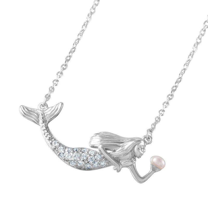 ladies-affordable-gold-necklaces-Silver 925 Rhodium Plated Clear CZ and Pearl Mermaid Necklace