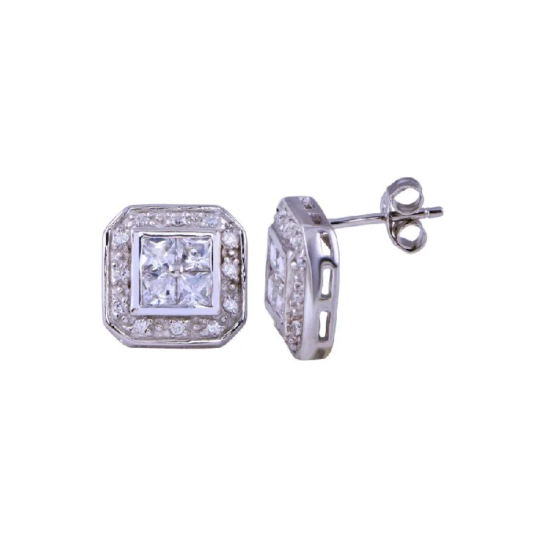 Ladies earrings for educators -Final Price-Rhodium Plated 925 Sterling Silver Square Halo Clear CZ Stud Earring - STEM009