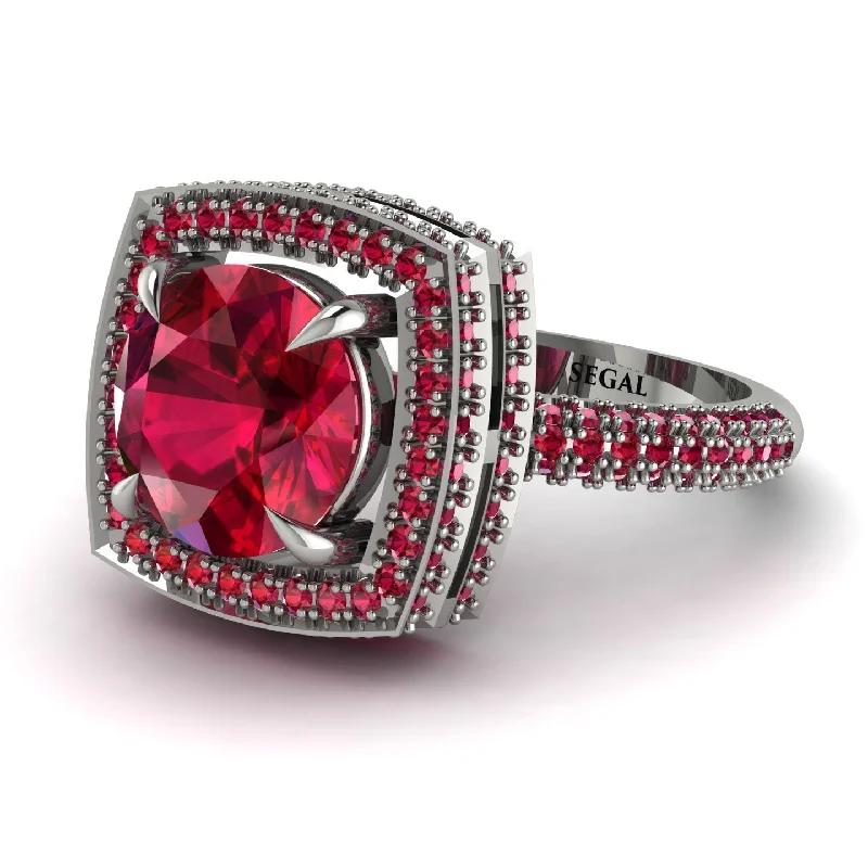 Ladies engagement rings with gate accents -Round Ruby Double Halo Engagement Ring - Kayleigh No. 57