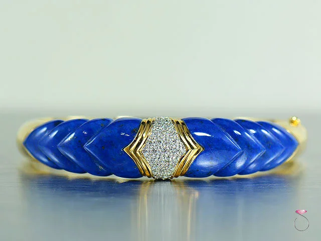 ladies-fashion-silver-bracelets-Vintage Lapis Lazuli Diamond Bangle Bracelet in 14K Gold