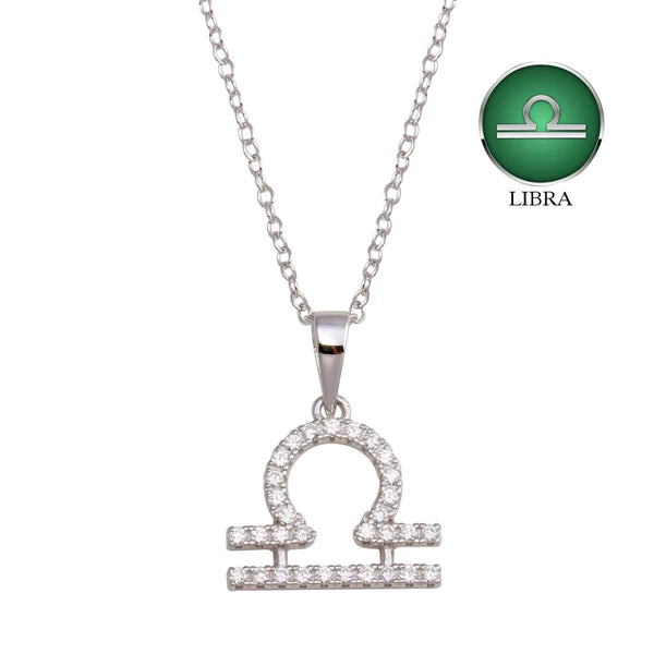 ladies-flower-tassel-necklaces-Silver 925 Rhodium Plated Libra CZ Zodiac Sign Necklace