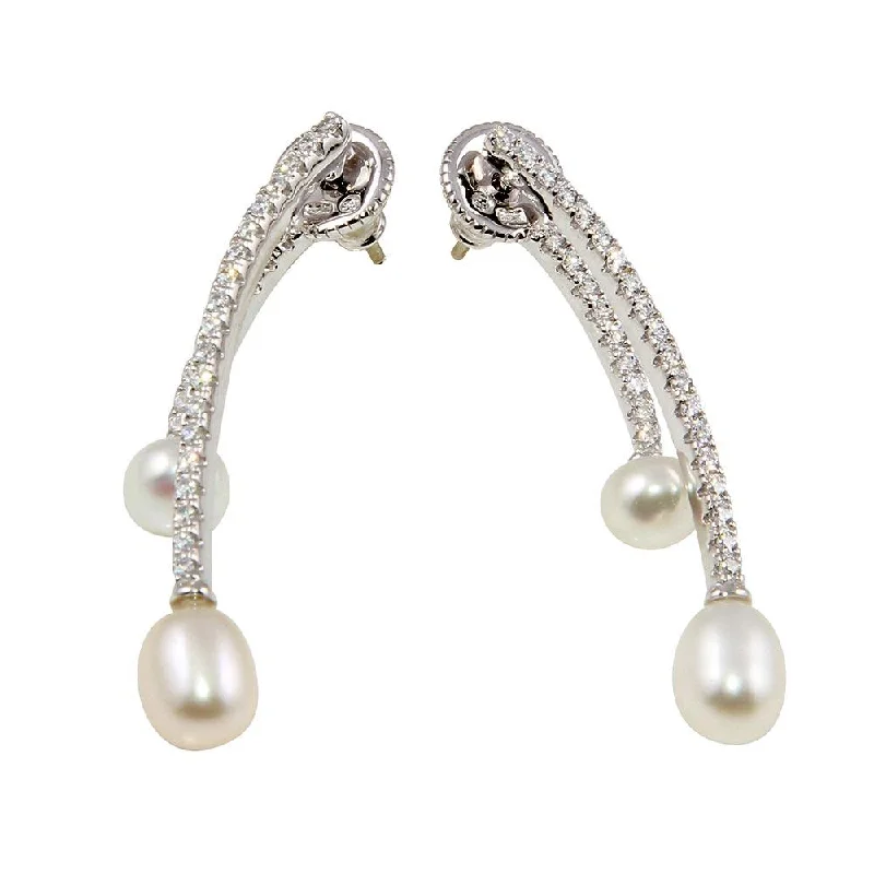 Ladies earrings for free spirits -Rhodium Plated 925 Sterling Silver Freshwater Pearl Drop Earrings with CZ - BGE00558