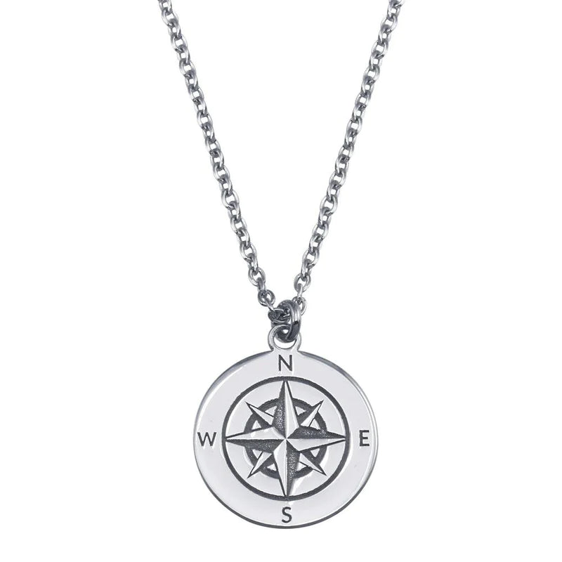 ladies-sterling-silver-layered-necklaces-Silver 925 Rhodium Plated Compass Engraved DiscPendant Necklace