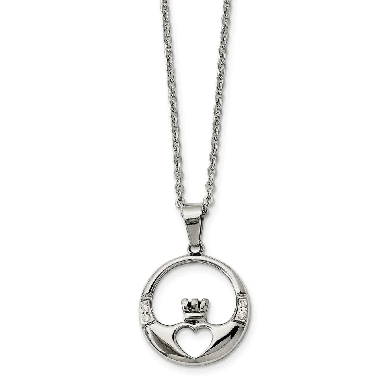 ladies-flower-layered-necklaces-Stainless Steel and Cubic Zirconia Claddagh Pendant Necklace - 20 Inch