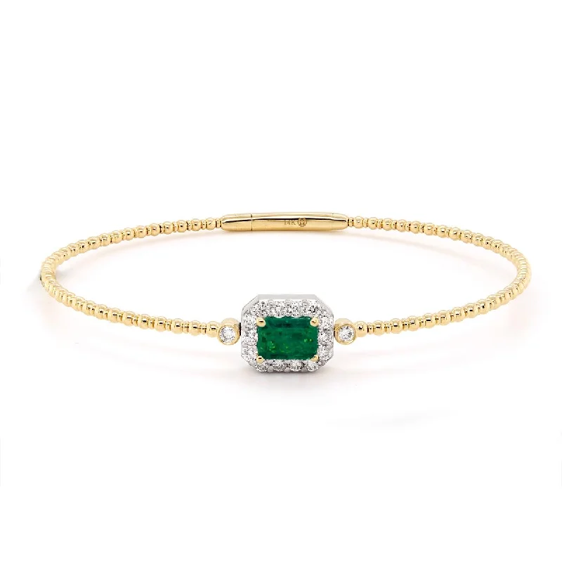 ladies-artisan-cuff-bracelets-YELLOW GOLD BANGLE BRACELET WITH AN EMERALD AND DIAMOND HALO, .36 CT TW