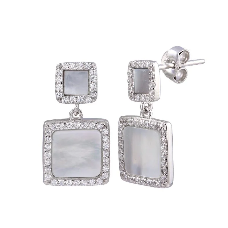 Ladies earrings cute hoops -Rhodium Plated 925 Sterling Silver Dangling Square Mother of Pearl CZ Earring - STE01236