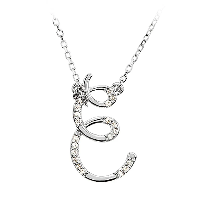 ladies-crystal-layered-necklaces-1/10 Ctw Diamond 14k White Gold Medium Script Initial E Necklace, 17in