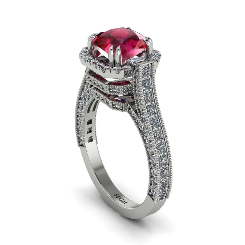 Ladies engagement rings bold charm -Ruby Three Halo Milgrain Engagement Ring - Mira No. 12