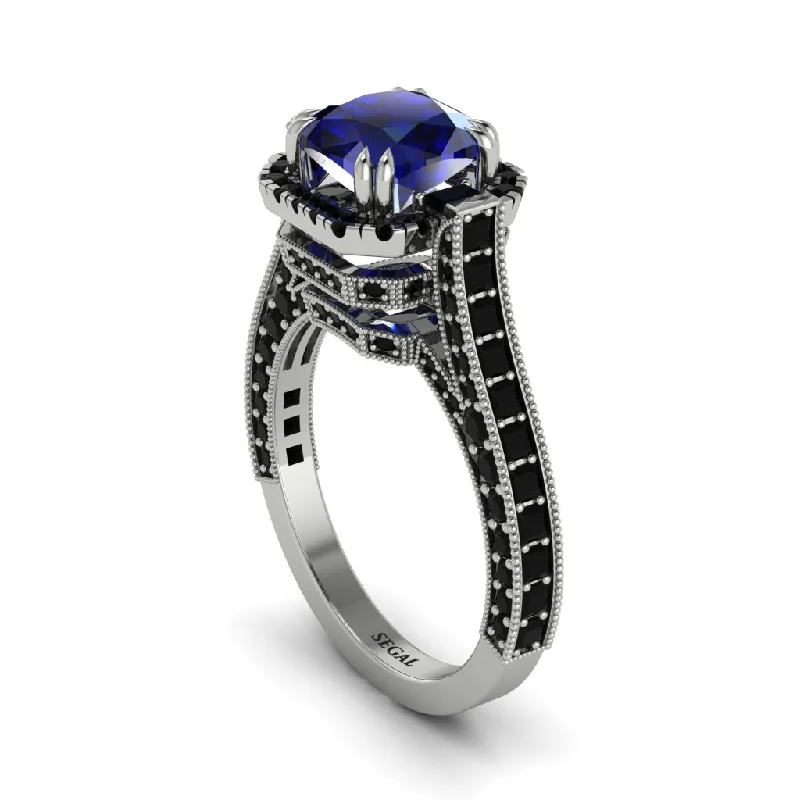 Ladies engagement rings for classic love -Sapphire Three Halo Milgrain Engagement Ring - Mira No. 45