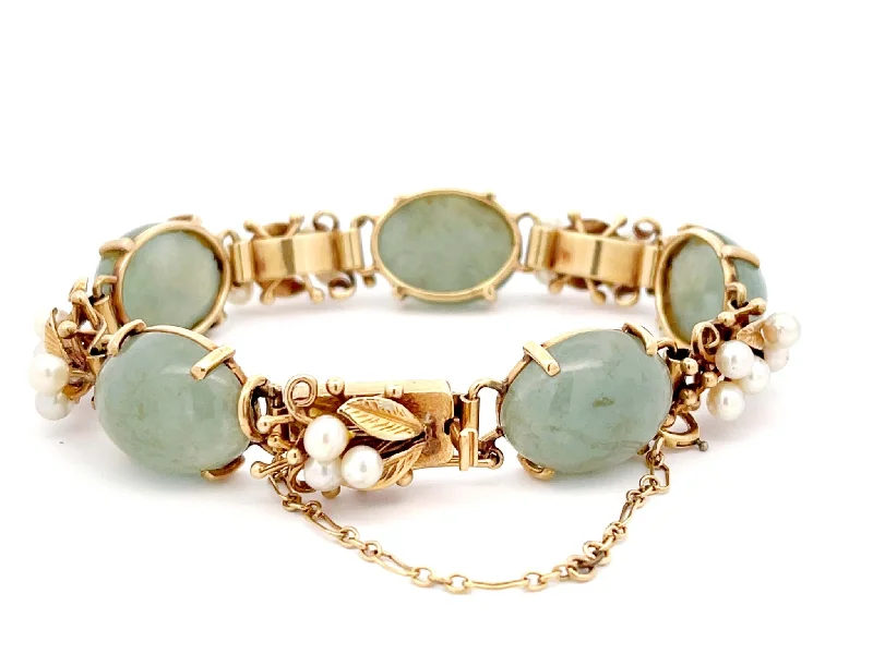 ladies-gemstone-bangle-bracelets-Mings Hawaii Jade and Pearl Leaf Bracelet in 14K Yellow Gold