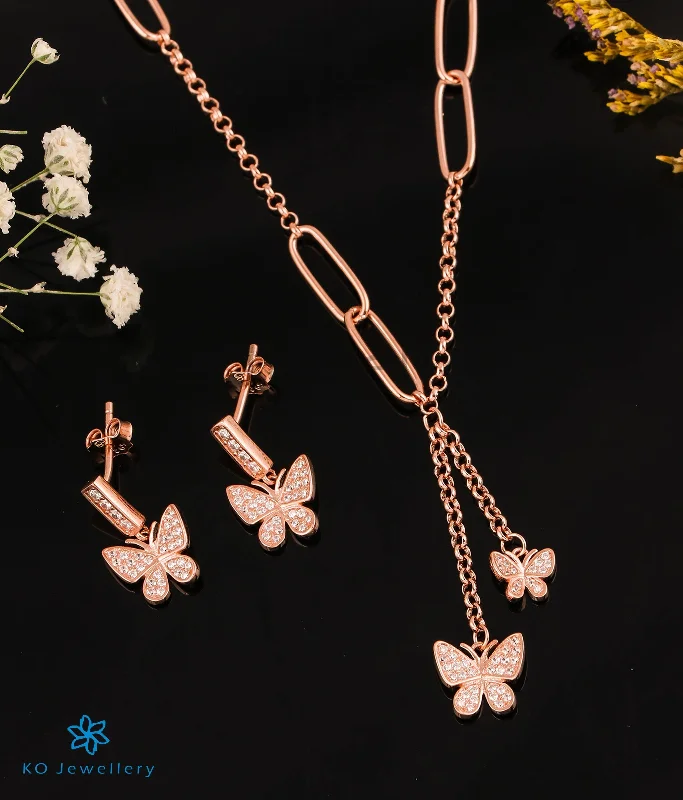 Ladies earrings free-spirit flair -The Shining Butterflies Silver Rose-gold Necklace & Earrings