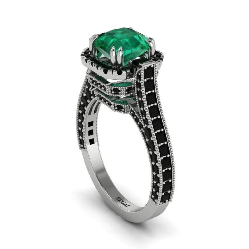 Ladies engagement rings nickel-free bands -Emerald Three Halo Milgrain Engagement Ring - Mira No. 36